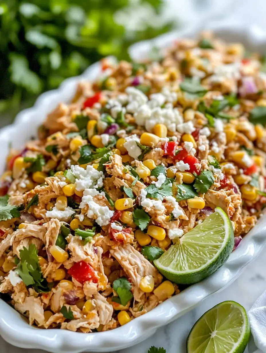 Bright bowl of chicken, corn, mixed peppers, fresh cilantro, feta cheese crumbles, and limes waiting to be squeezed.