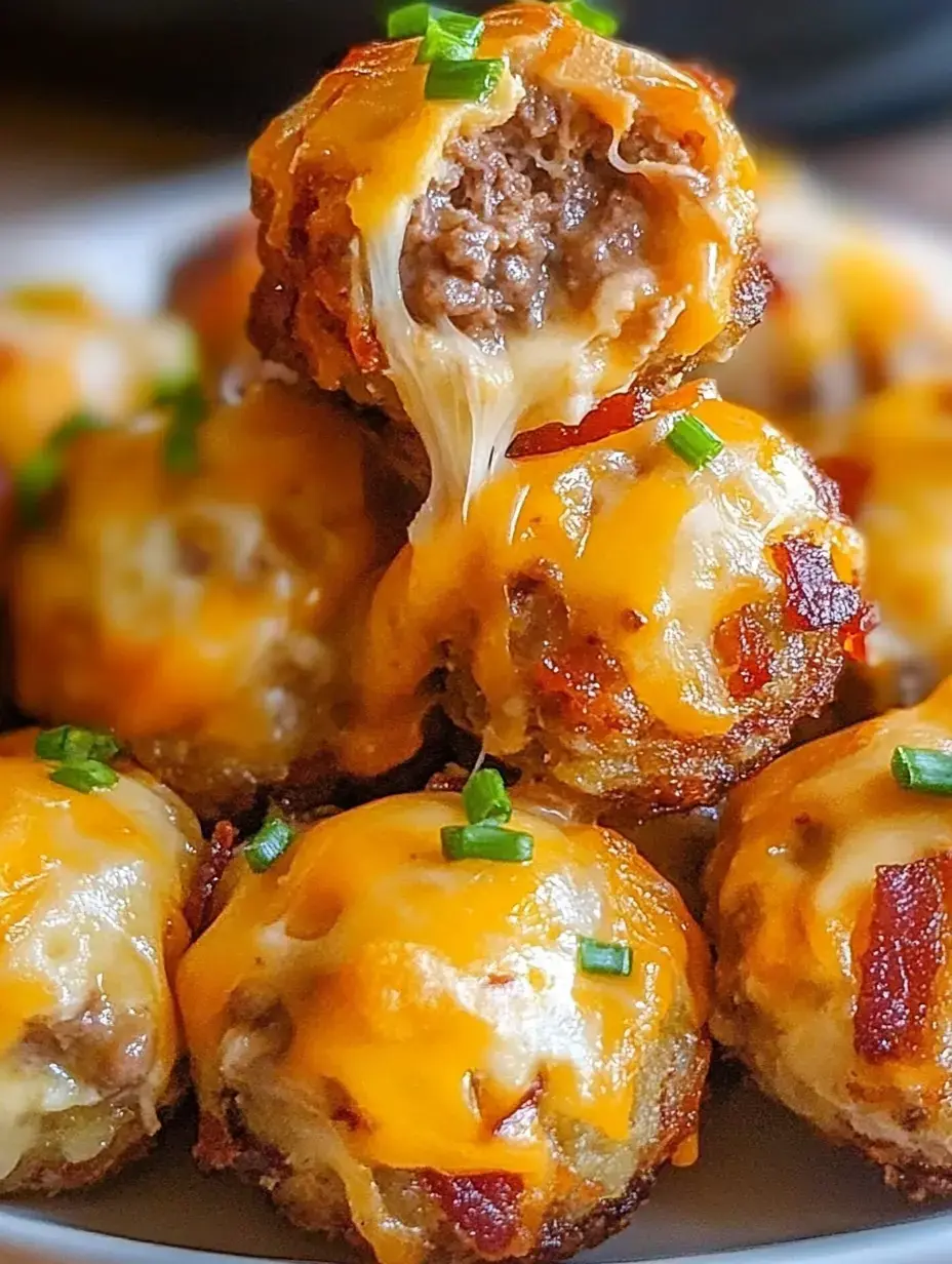 Cheesy meatballs up close, melted cheese and green onions on top, with a cut one to show off the inside.
