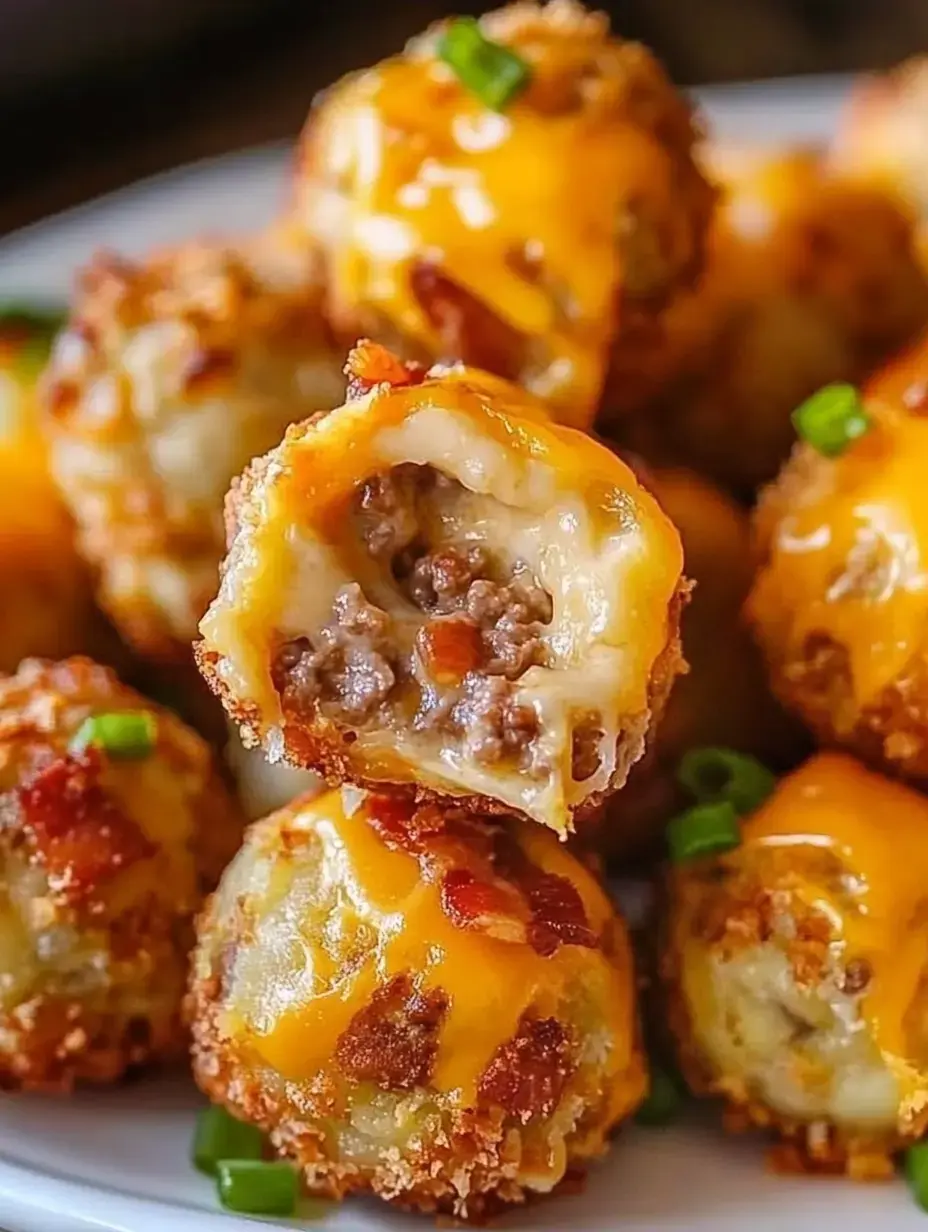 Close-up of gooey, stuffed meatballs with melted cheese and green onions, one sliced to show the meaty center.