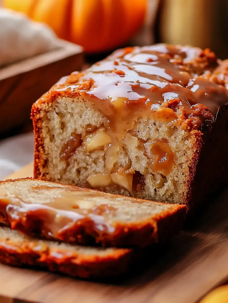 A warm loaf with a caramel-like topping sits sliced, showing moist apple-filled bread inside.