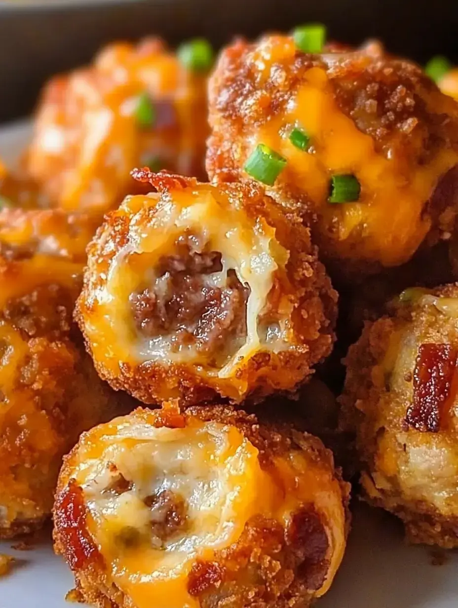 Golden, crispy meatballs with gooey cheese and green onions up close, giving off serious comfort food vibes.