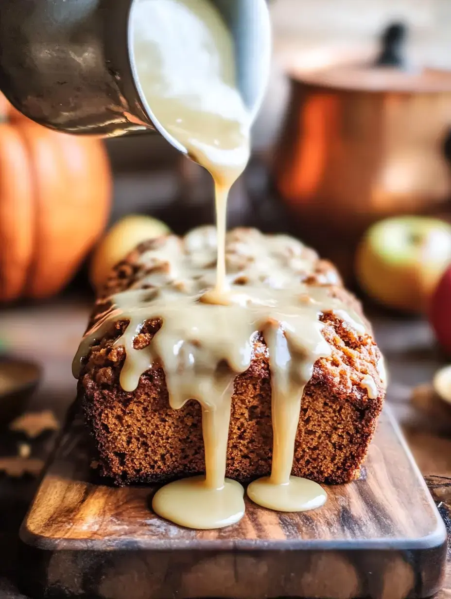 A shiny glazed loaf cake sits on a wood board, with fall decor making everything feel cozy.
