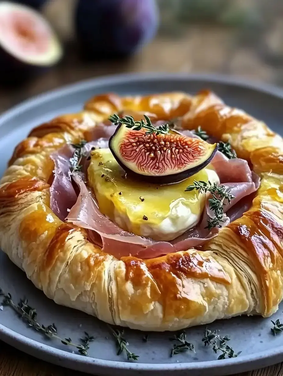A crisp, golden pastry bursting with cheese, ham, thyme, and a slice of fig, all on a plate. There’s a halved fig just behind it.