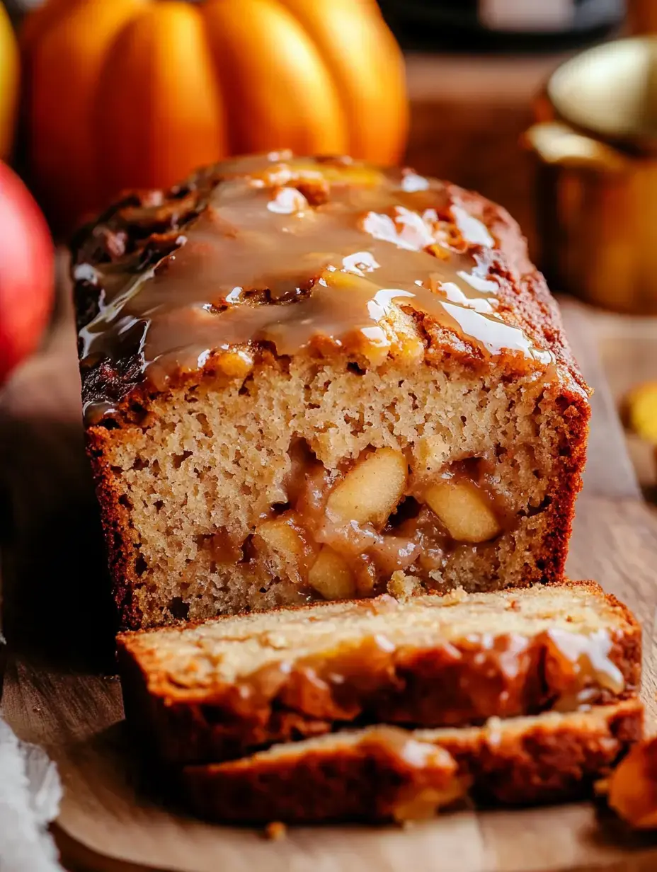 Sliced glazed bread with juicy apple bits sits on a wooden table beside pumpkins and apples.