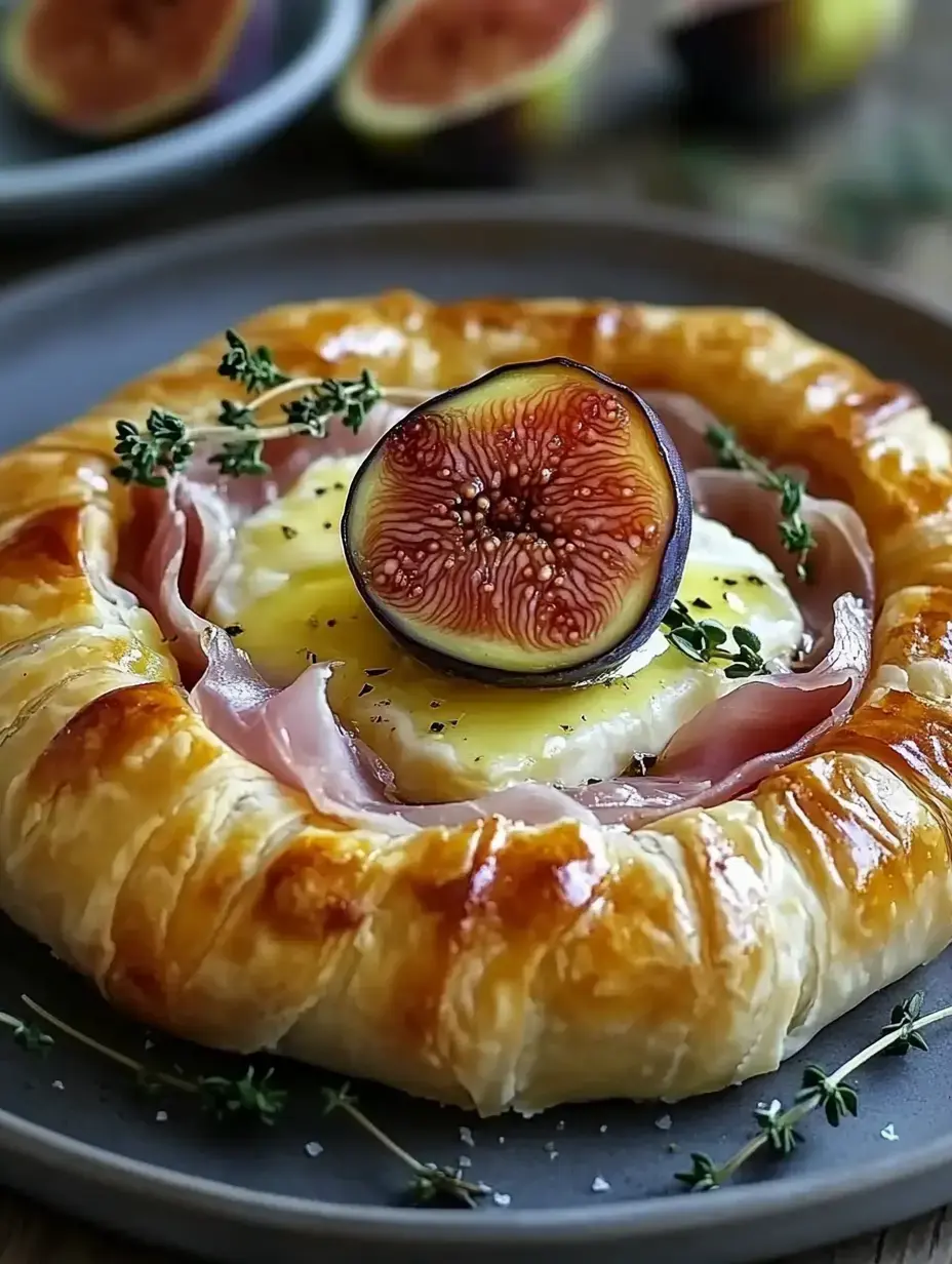 A pastry packed with melty cheese and ham, topped with fig and thyme, looks super flaky and fresh.