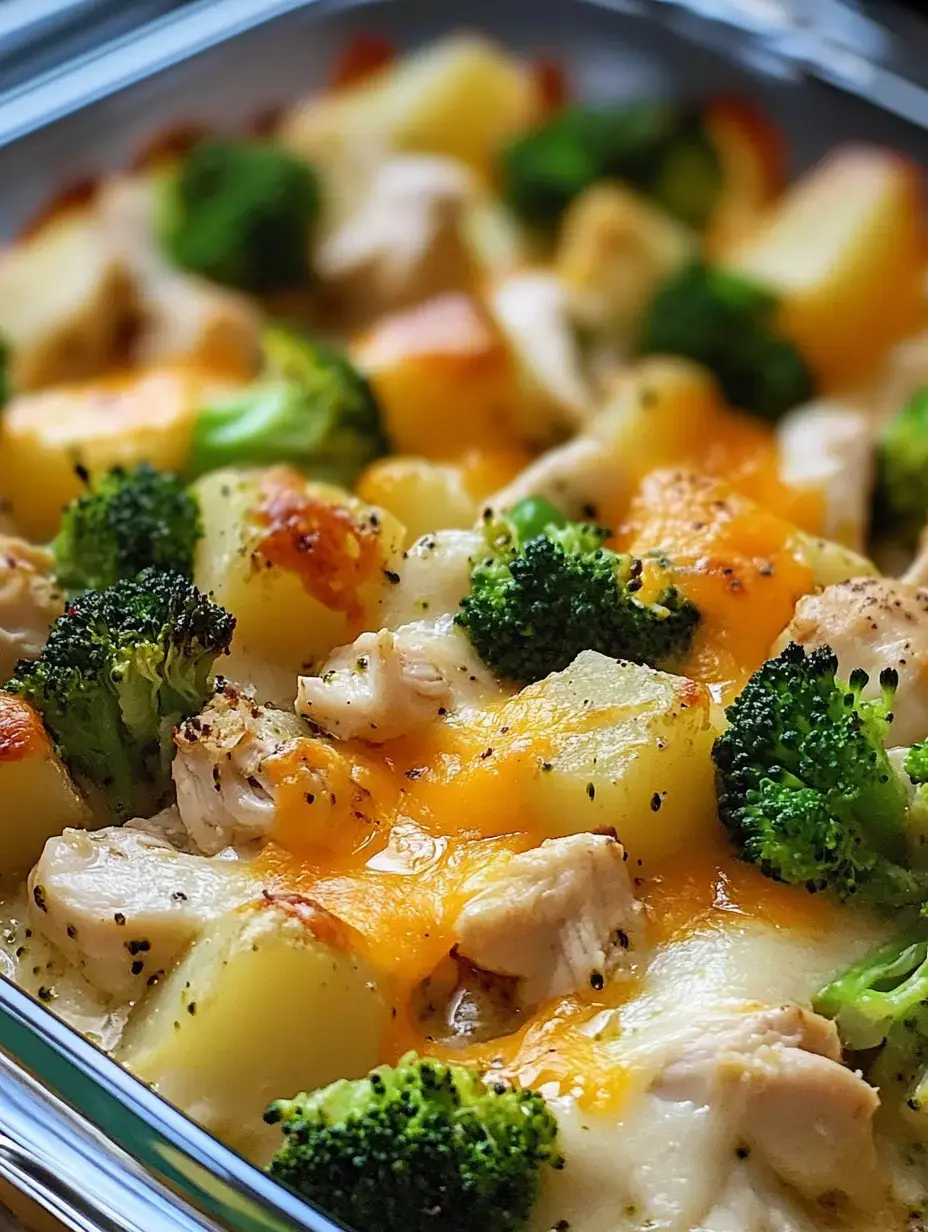 Big chunks of potato, chicken, and broccoli mixed with cheddar all gooey and baked together.