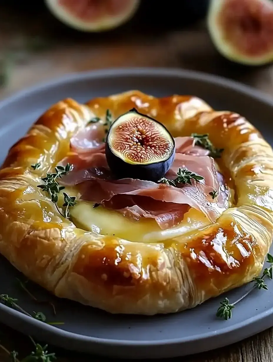 A golden pastry with melty cheese, salty ham, and fresh fig, sprinkled with thyme, on a gray plate.
