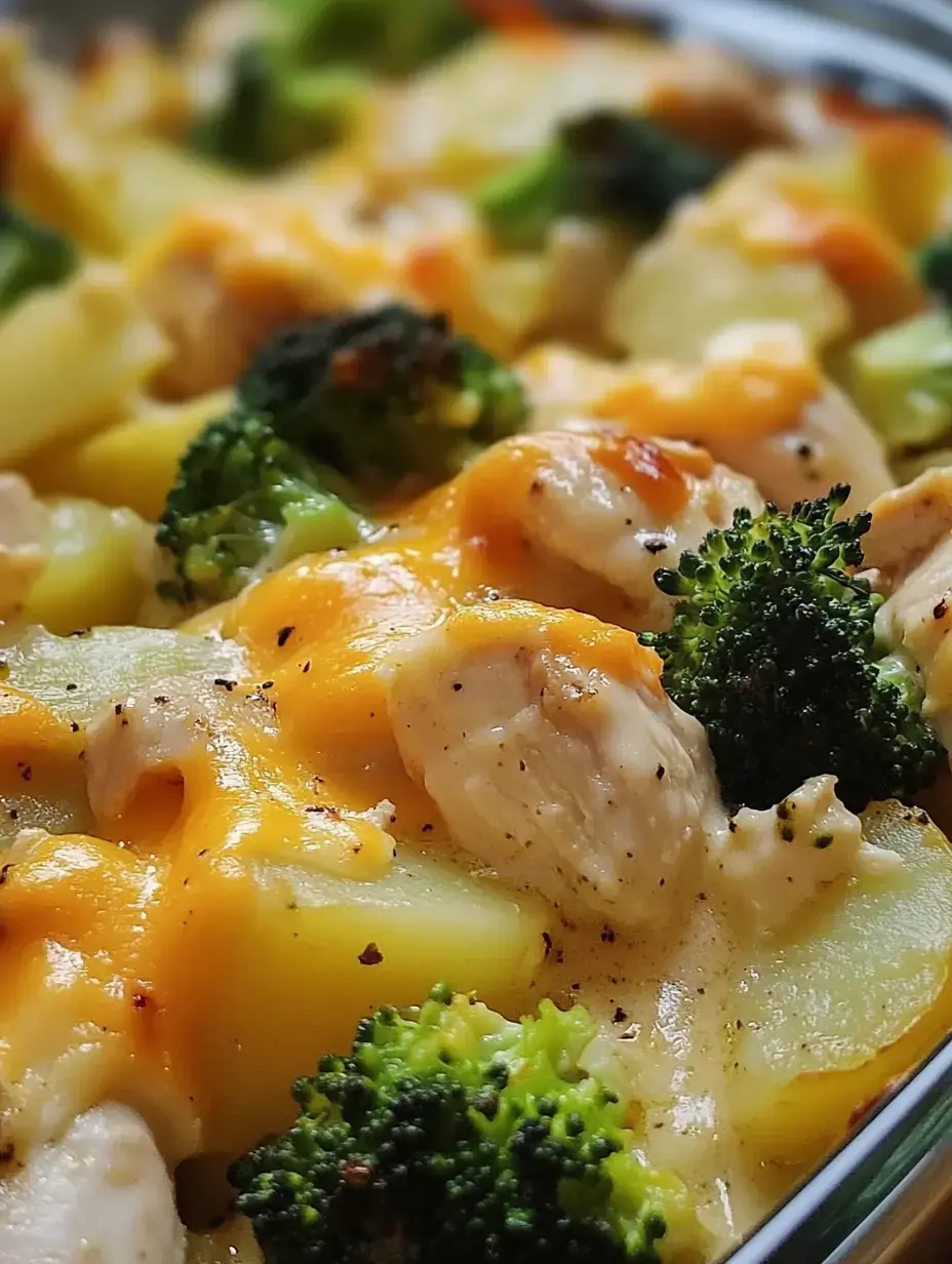 Gooey cheese melts over chicken, potato, and broccoli chunks straight from the oven.