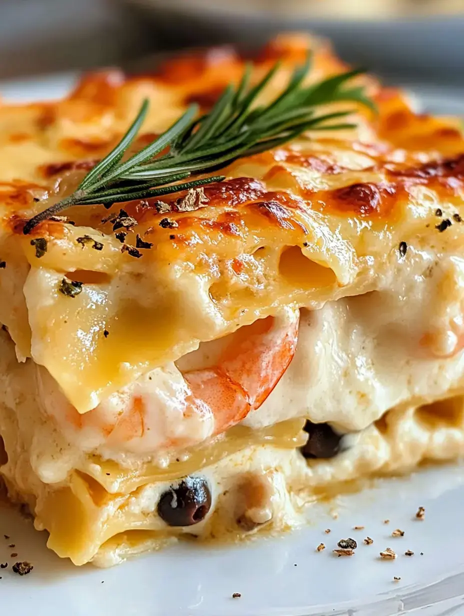 Close-up shot of creamy seafood lasagna with rosemary on top, shrimp, and layers peeking out.