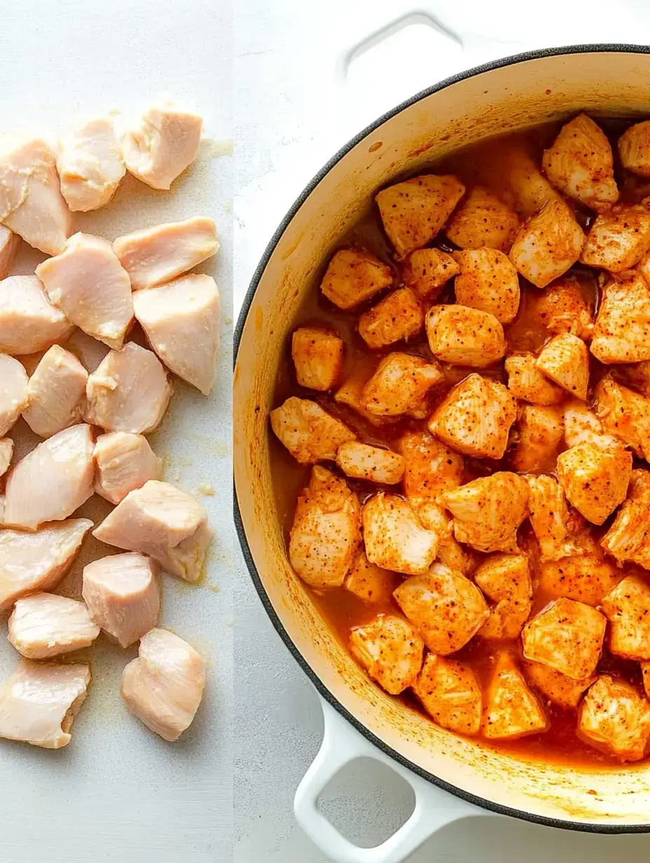 Raw pieces of chicken breast on the left, with seasoned cubes sizzling in a pot on the right.