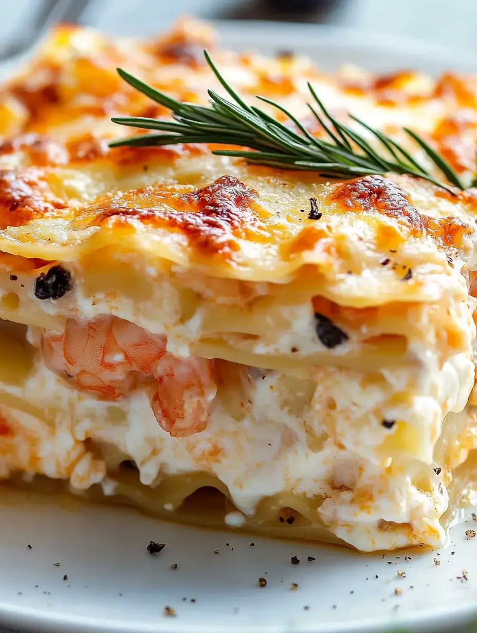Sliced shrimp lasagna close up with cheese on top and a sprig of rosemary as garnish.
