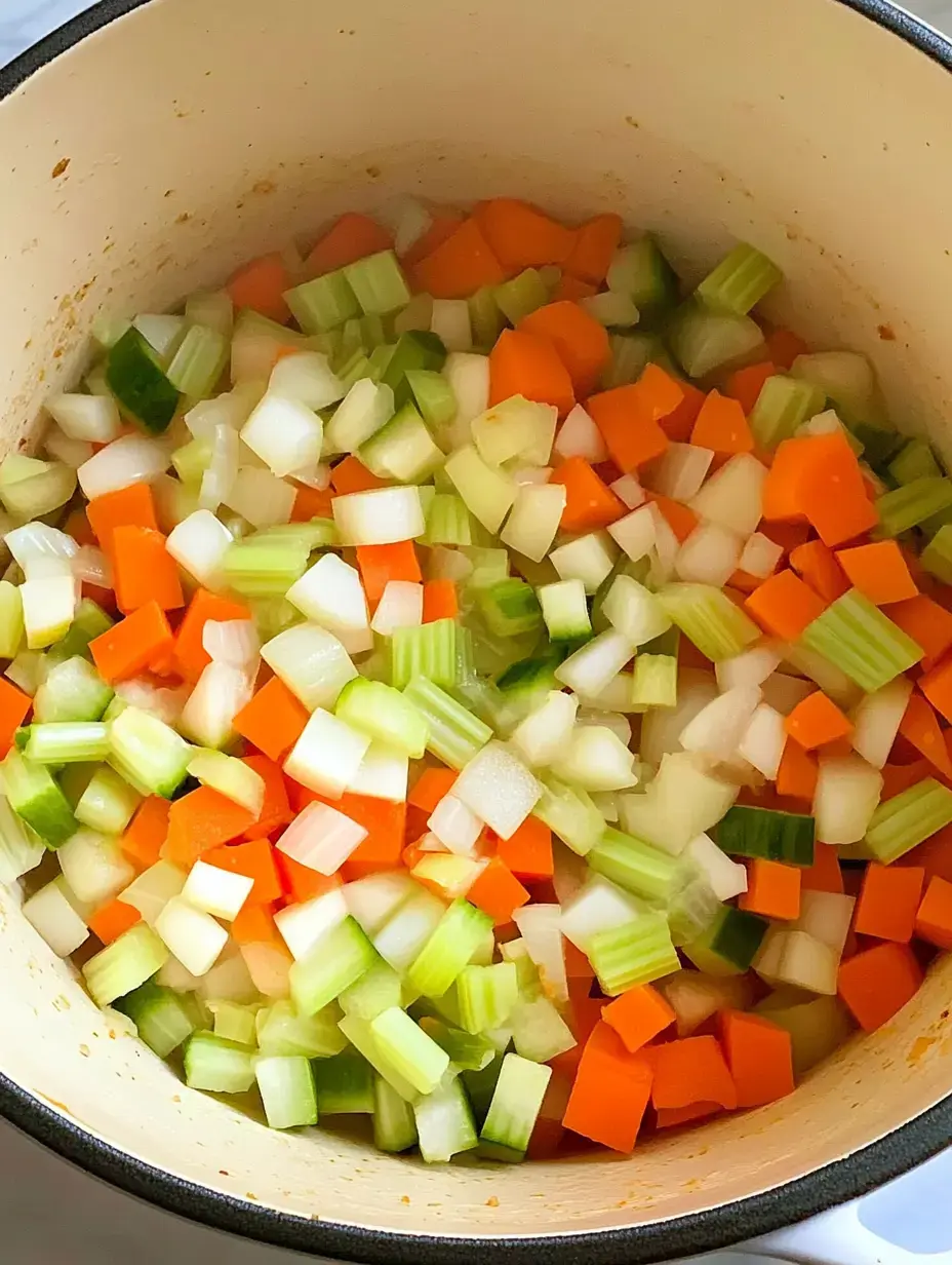 A big cooking pot filled with chopped carrots, onions, and celery all mixed together.