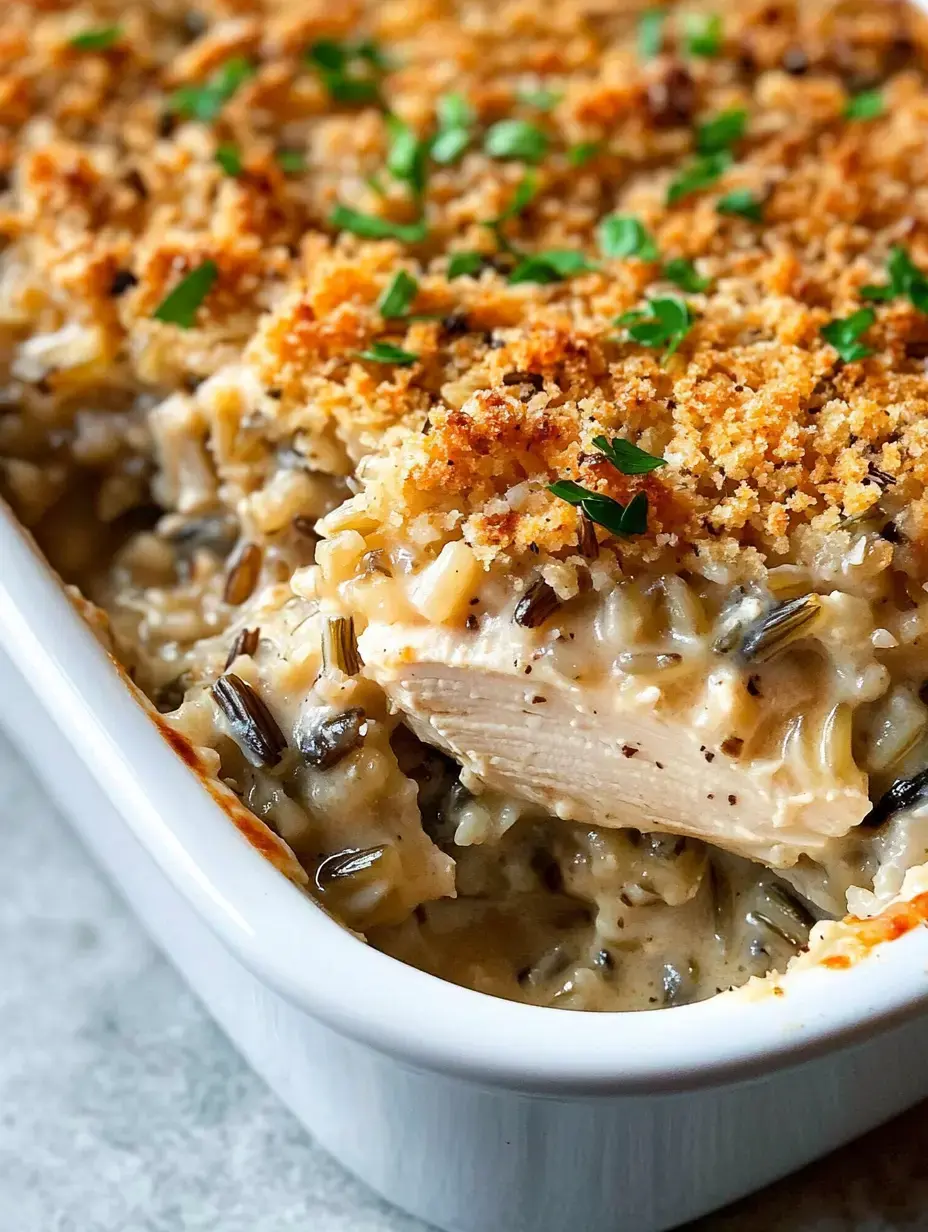 Close-up shot: creamy chicken and wild rice casserole with browned breadcrumbs and herbs on top.