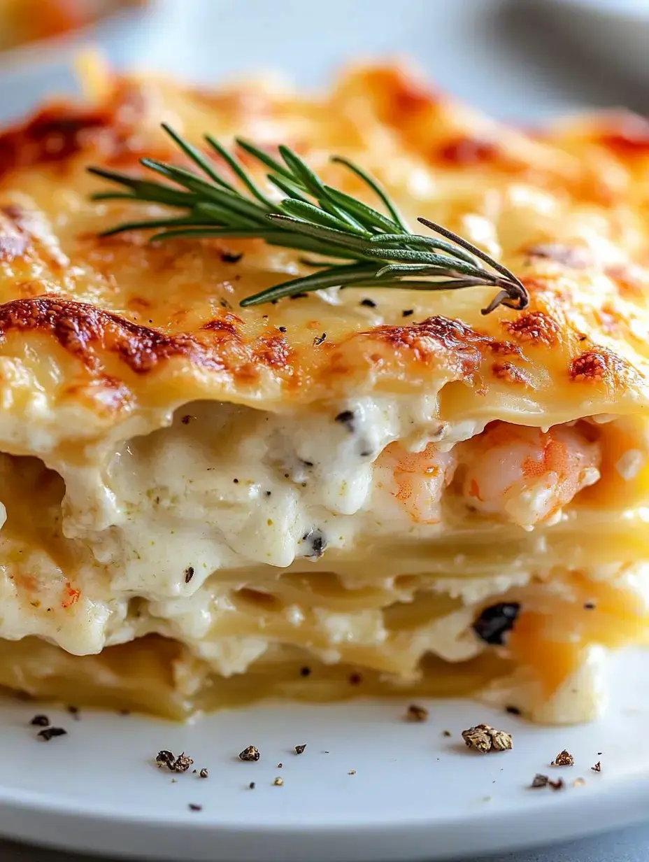 Creamy shrimp lasagna slice close-up with gooey cheese and a green sprig on top.