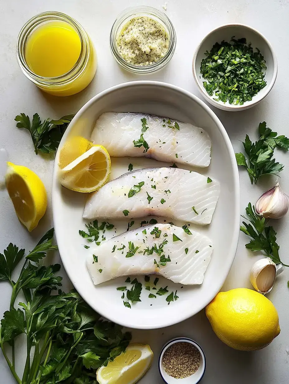 Raw fish fillets on a plate with herbs sprinkled over, surrounded by garlic, lemon, and some sauces.