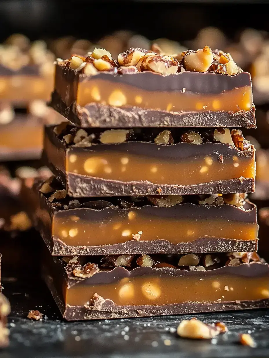 Chocolate and caramel bars stacked up, with chopped nuts on top.