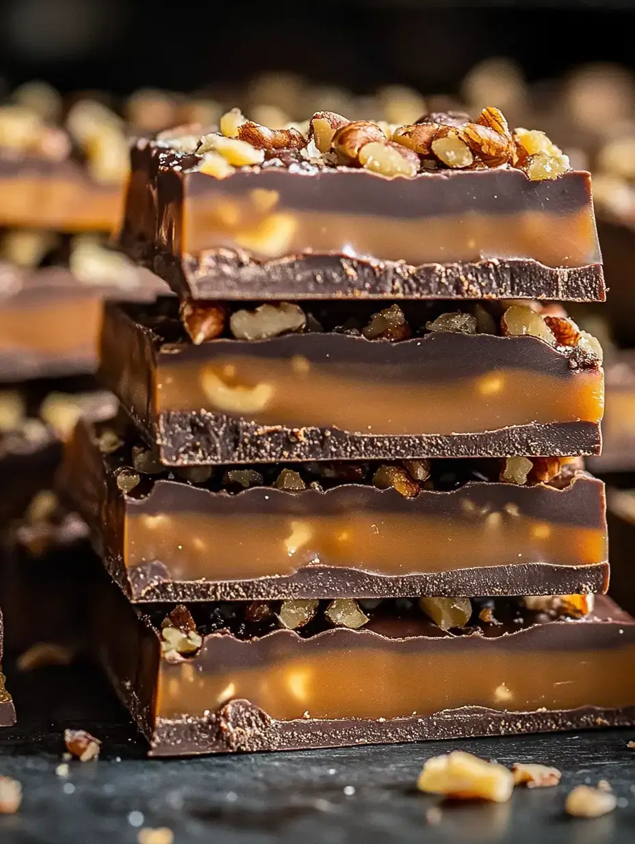 Chocolate caramel bars with chopped nuts, background softly out of focus.