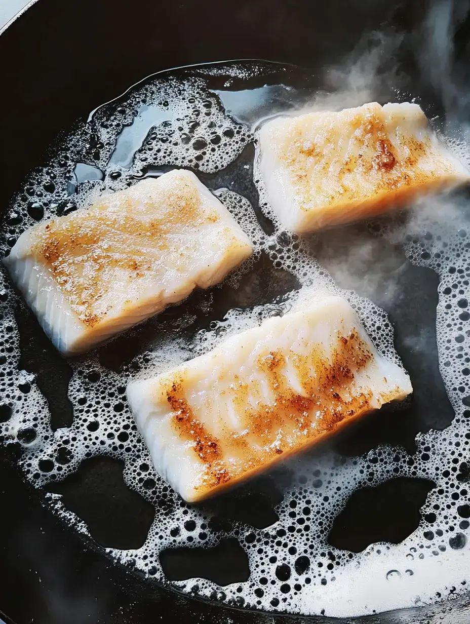 Three cod fillets frying in a black pan with steam and bubbles all around them.