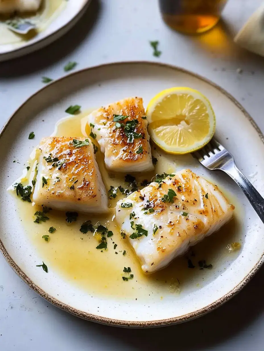 Crispy seared fish fillets on a plate with lemon and parsley, bathed in a light buttery sauce.