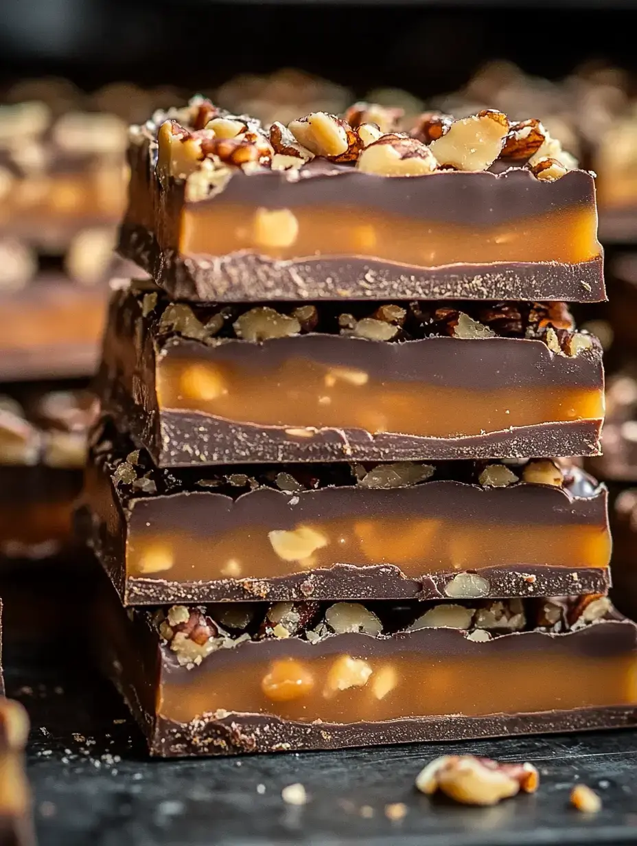 Fancy fudge bars stacked up with nuts on top and gooey caramel in the center.