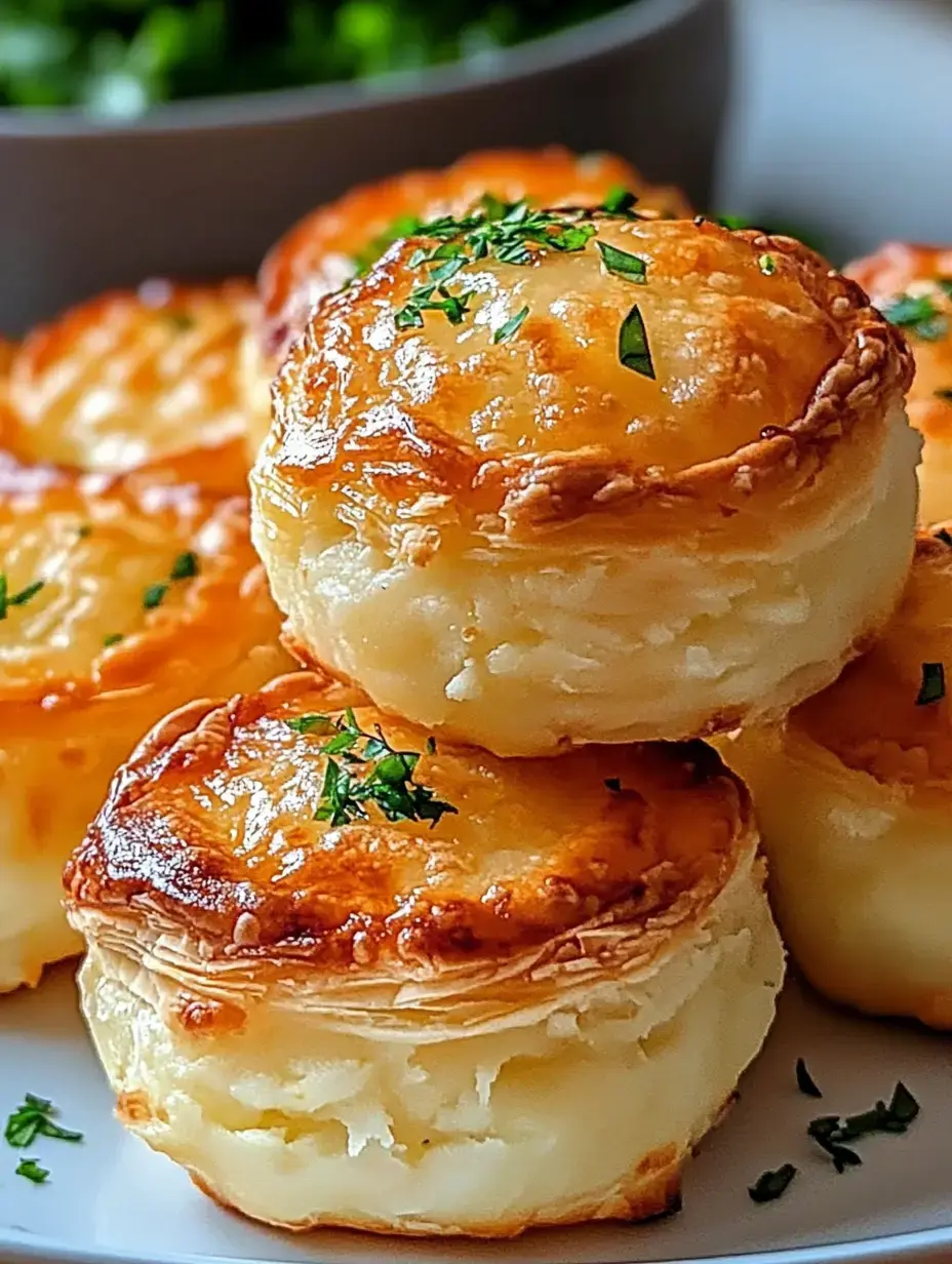 Close-up of crispy, golden puffs filled with smooth mashed potatoes and topped with green herbs.