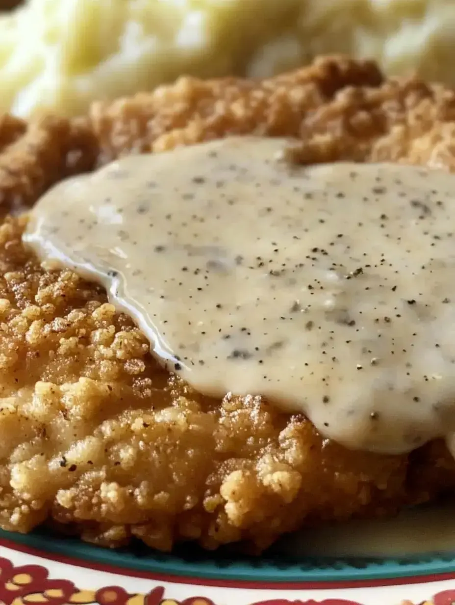 Crispy breaded chicken with cream gravy next to creamy mashed potatoes.