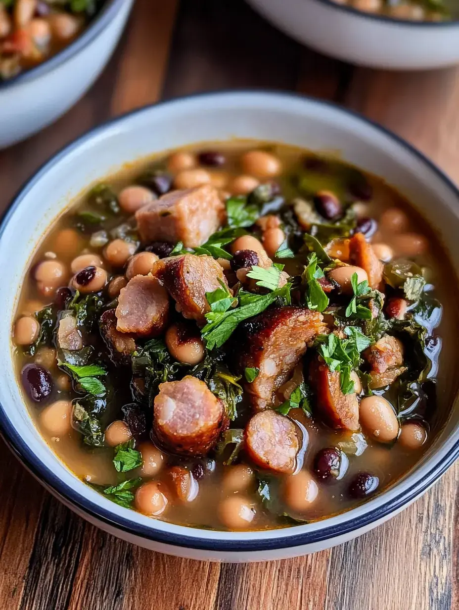 A big bowl of chunky bean and sausage stew with greens and a sprinkle of parsley, sitting on a wooden table.