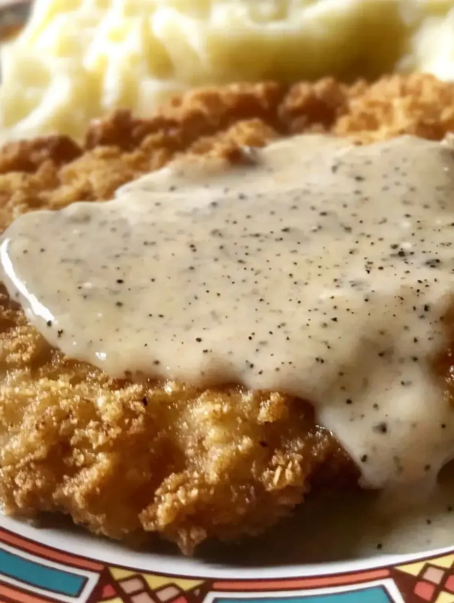 Golden fried chicken breast covered in creamy gravy, with mashed potatoes behind on the plate.