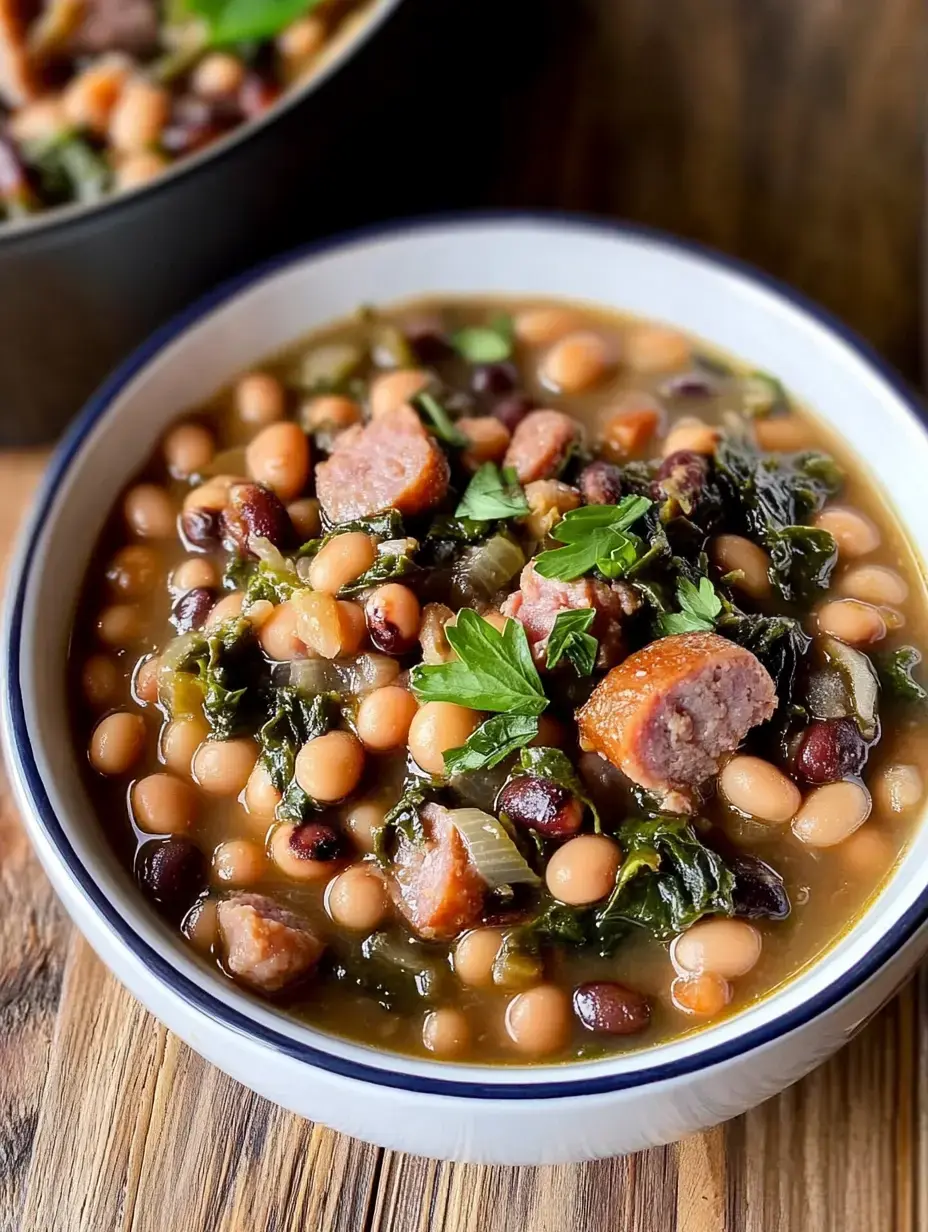 A big bowl of sausage and bean stew with greens and fresh herbs, seen on a rustic tabletop.
