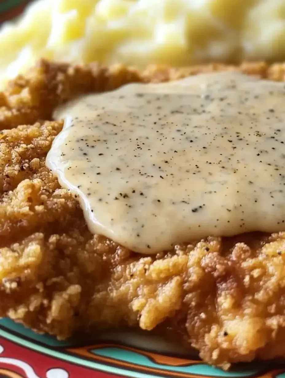 Crispy fried chicken filet covered in pepper gravy, mashed potatoes peeking in the background.