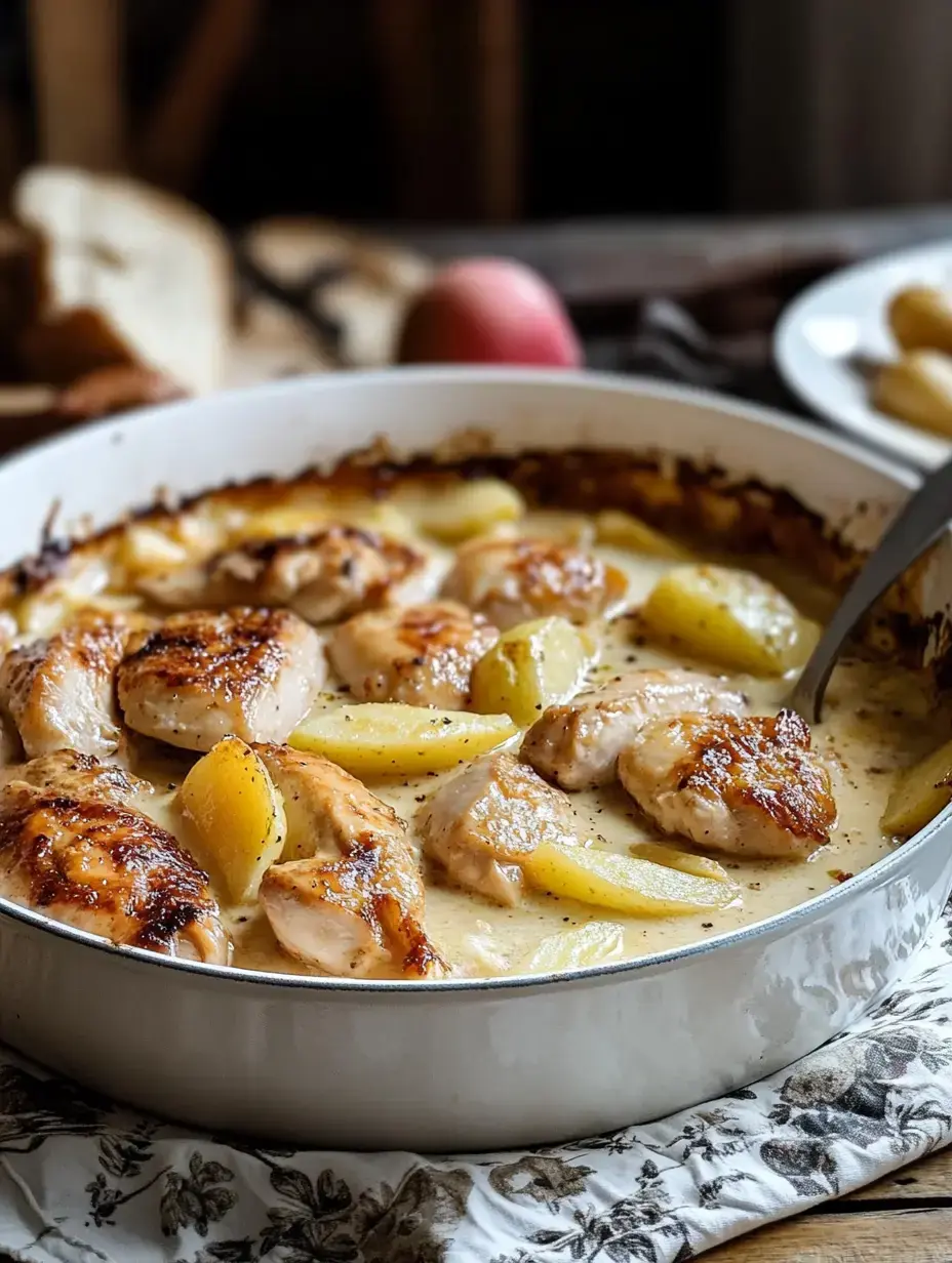 Chicken with creamy apple sauce in a baking dish, fork inside, ready to serve.