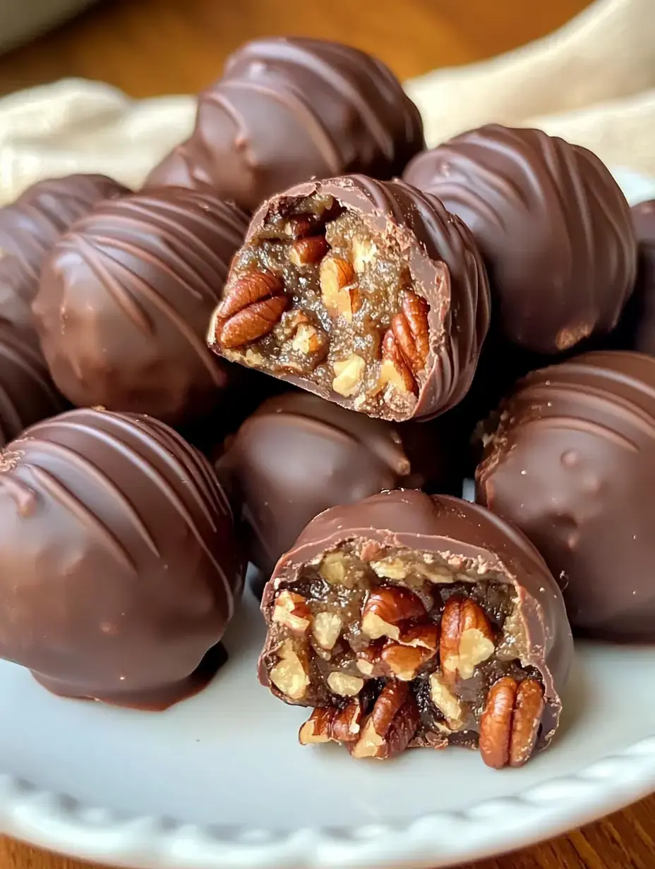 Chocolate treats with a nutty, caramel-like center shown on a plate, one cut open to show what's inside.