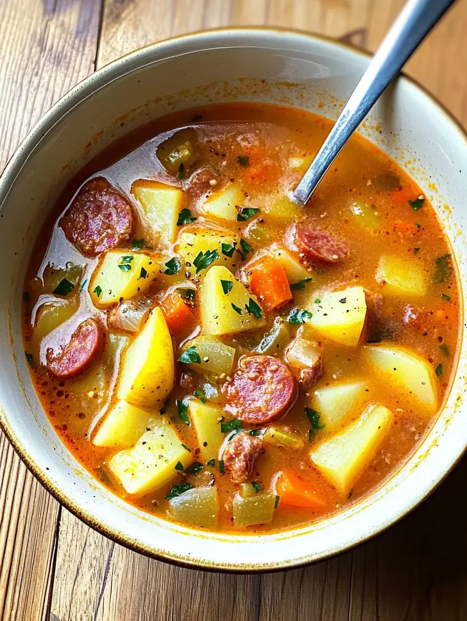 A loaded bowl of soup packed with potato chunks, carrots, celery, bits of sausage, and green sprinkles, all sitting on a wood table.