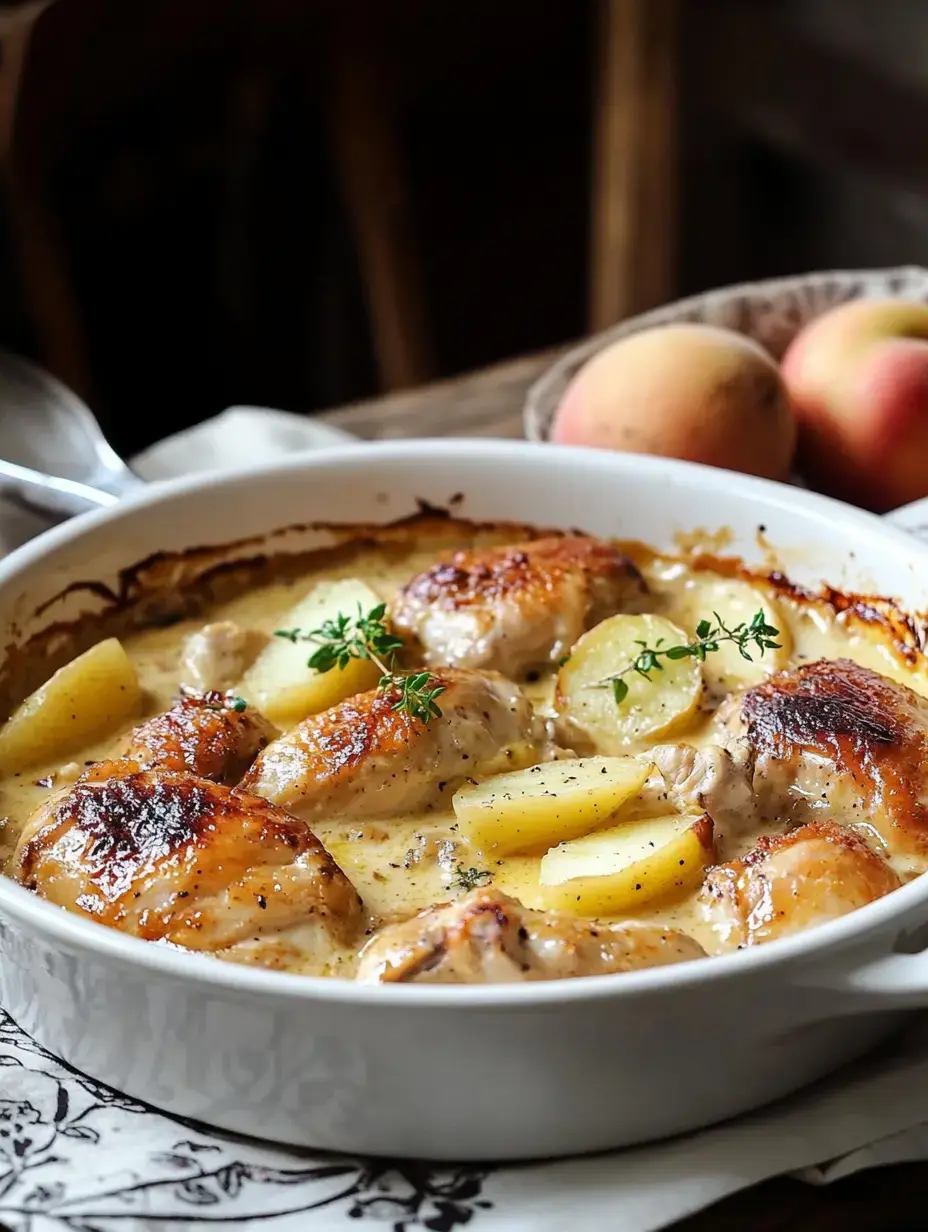 Juicy chicken in creamy sauce with potato slices and thyme, white dish, fresh peaches nearby.