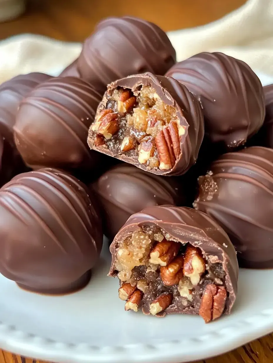 Chocolate-coated truffles with a gooey, nutty inside, one sliced open to show the middle.
