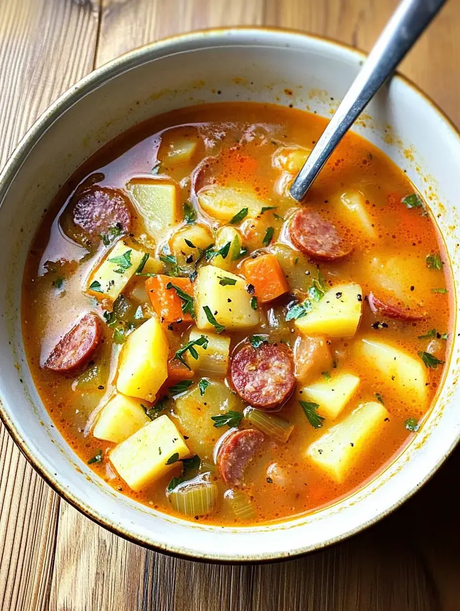 Steaming soup brimming with potatoes, carrots, celery, and sausage slices, topped with fresh green herbs.