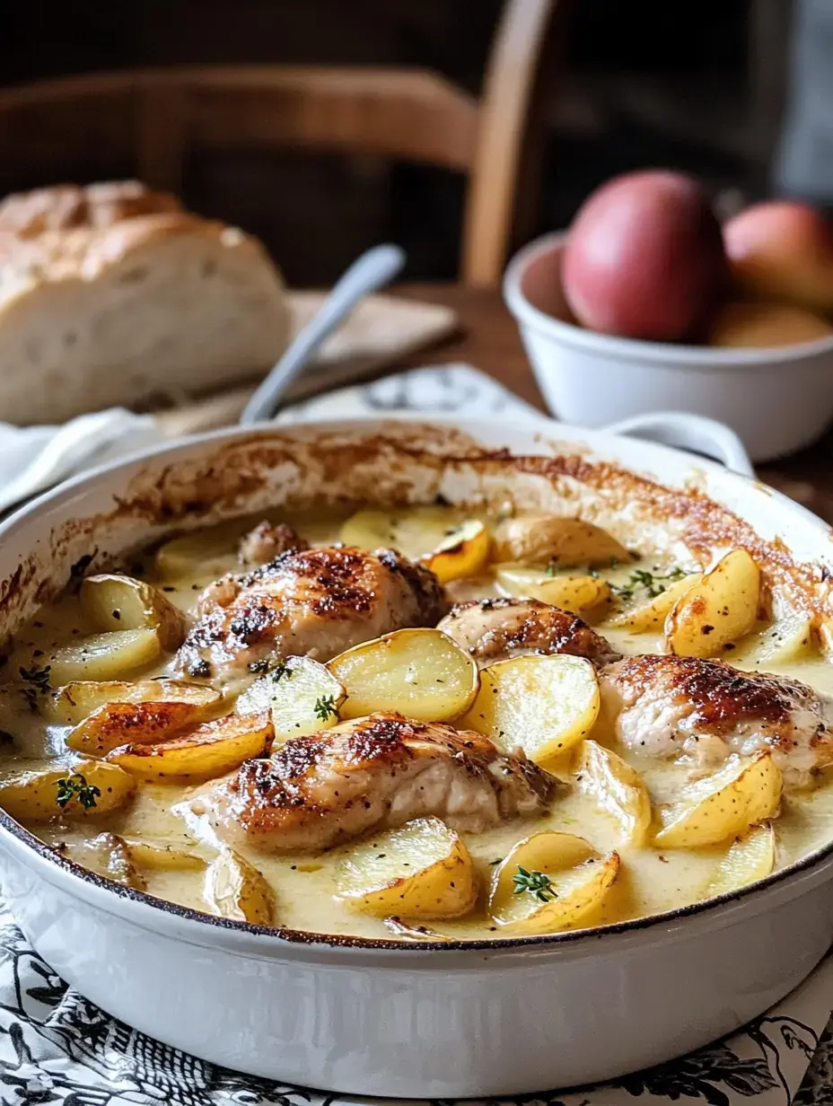 Sizzling roast chicken and golden potatoes in a white dish with bread and apples in the background, set on a wooden table.