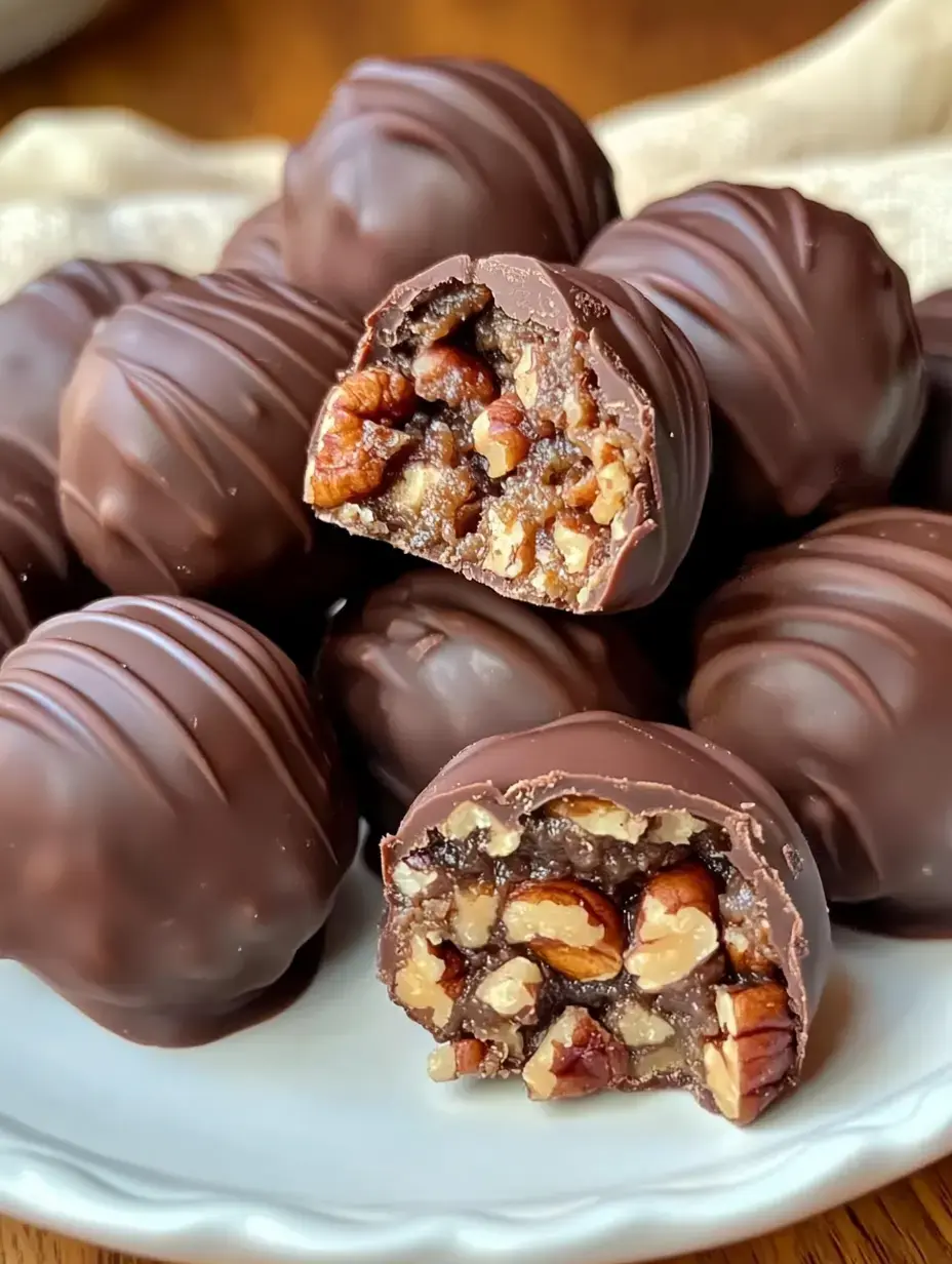 Chocolate balls on a plate with a nut-studded soft inside, one sliced open to show the filling.