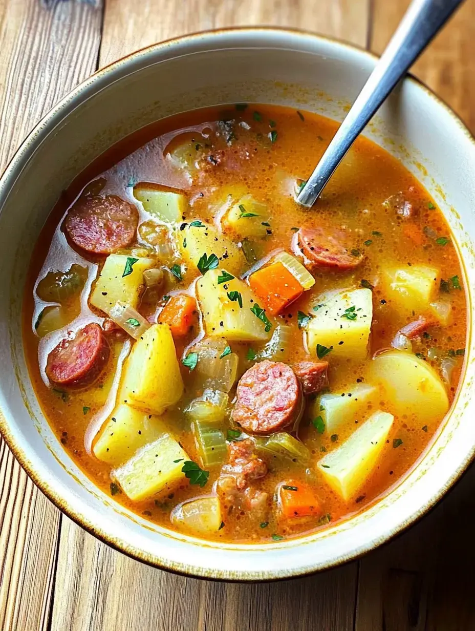A steaming bowl stacked with potatoes, carrots, rounds of sausage, and fresh herbs, served up rustic on a wood table.