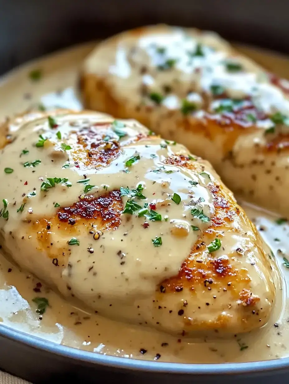 Juicy chicken breasts sitting in a creamy sauce finished with fresh herbs, in a shallow bowl.