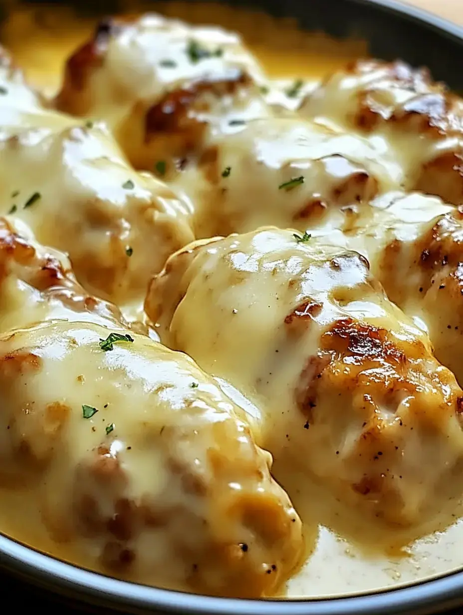 Juicy meatballs bathing in cheesy sauce, sprinkled with parsley and looking oh-so-tempting in a creamy bowl.