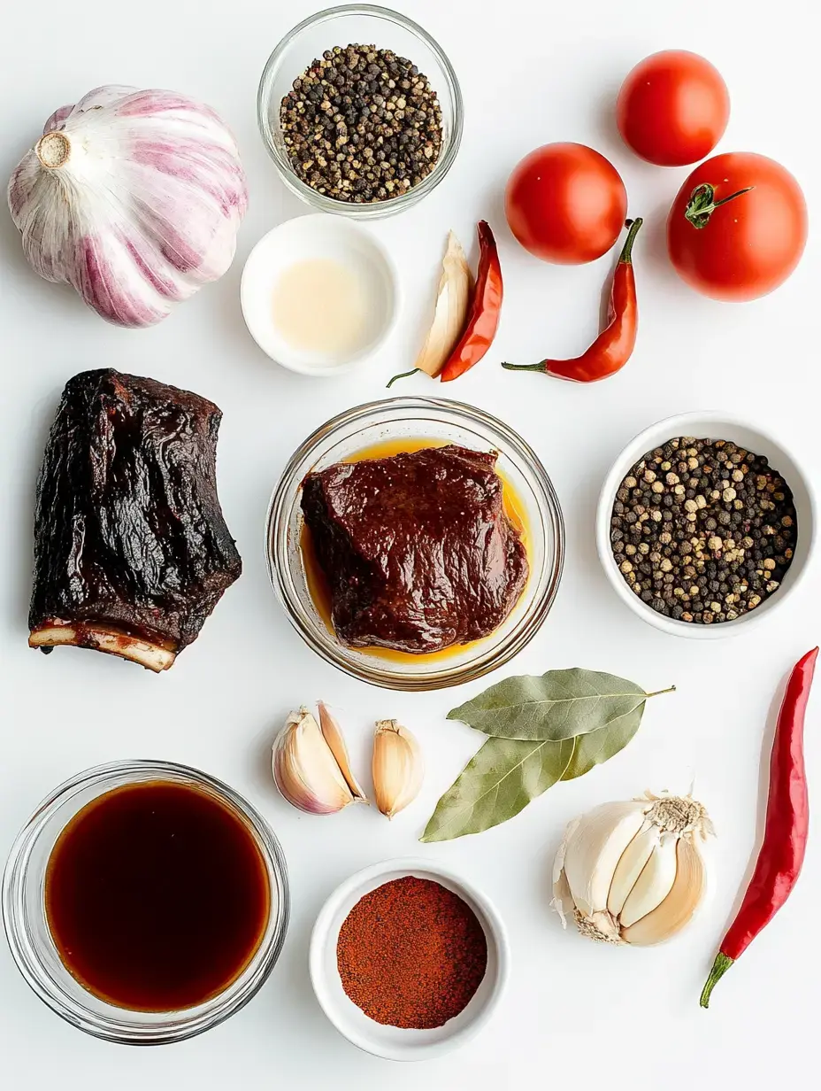 Fresh tomatoes, garlic cloves, heaps of spices, bay leaves, and two cuts of meat spread out on a white surface.