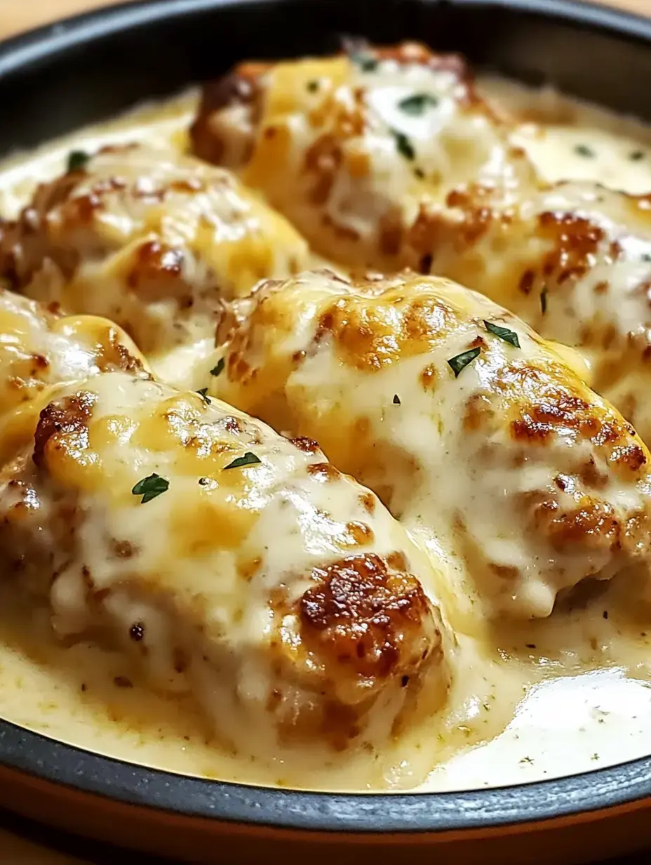 Golden brown meatballs soaking in cheesy sauce, dotted with fresh herbs in a black bowl for a cozy vibe.