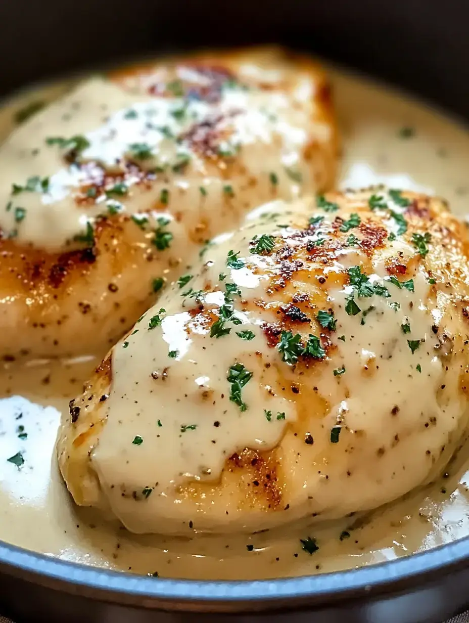 Chicken breasts with a dreamy white sauce sprinkle of green parsley on top.