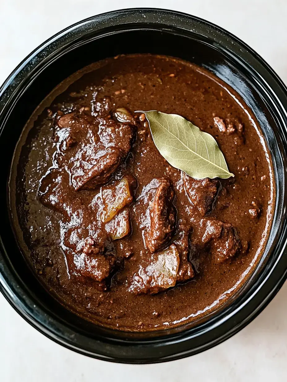 Zoomed-in shot of a deep, rich beef stew with chunks of meat floating and a single bay leaf sitting on top.