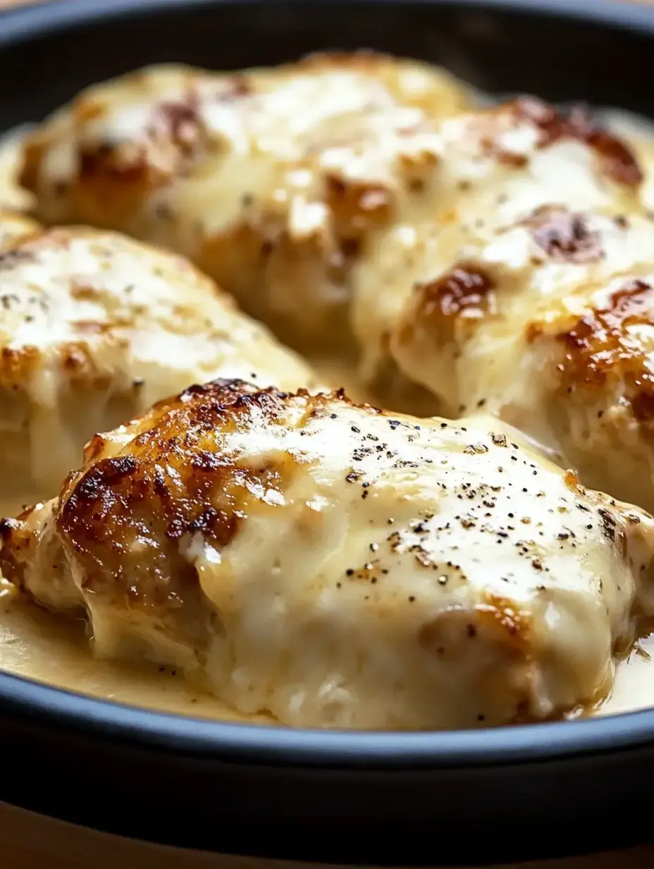 Four cheesy baked chicken pieces got a peppery touch and oozy cheese in a dark serving dish—total comfort food vibes.