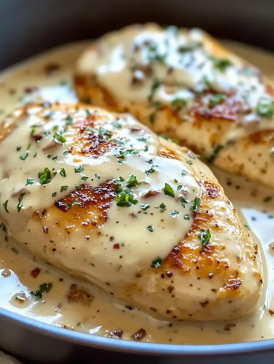 Grilled chicken coated in a creamy sauce with a dusting of herbs.