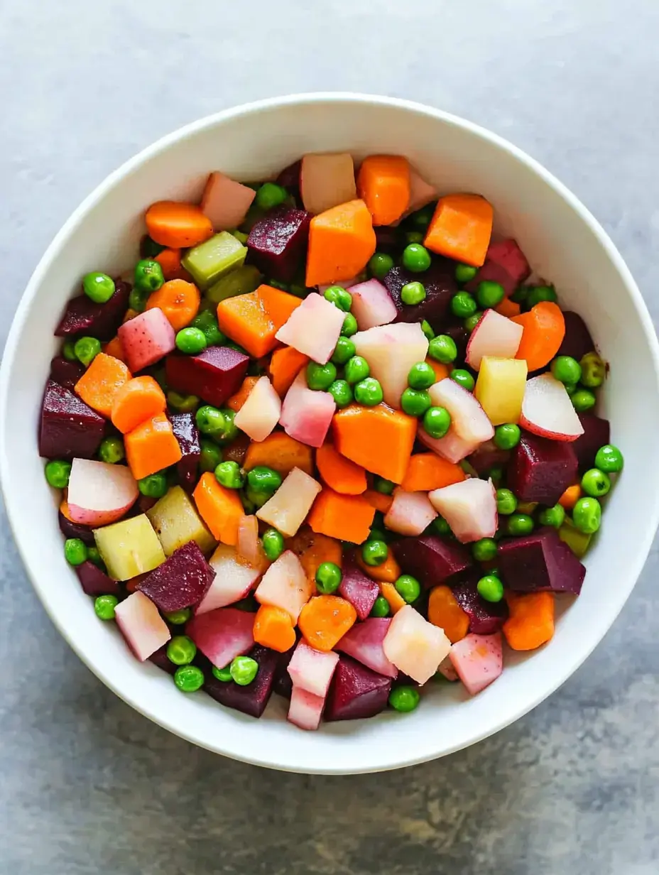 A bowl packed with diced vegetables like beets, potatoes, peas, and carrots all mixed together.