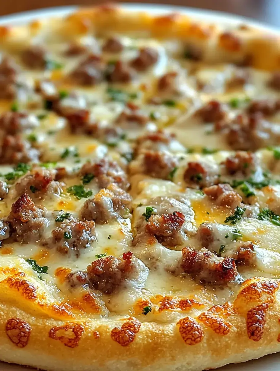 Fresh pizza closeup topped with sausage, melted cheese, and herbs on a biscuit crust.