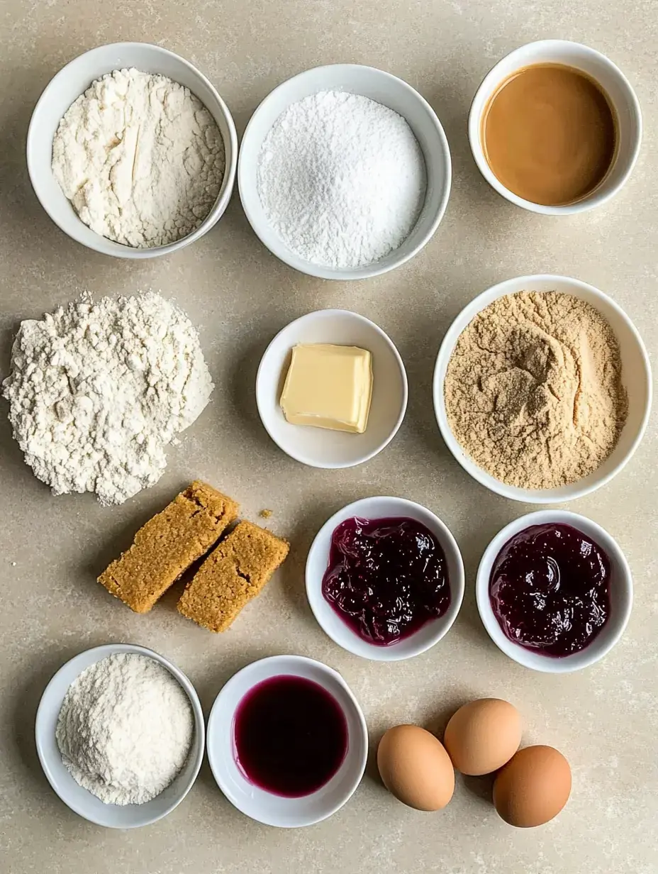 Baking stuff in little bowls—different flours, sugars, butter, eggs, and jams—spread out on a plain background.